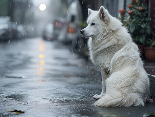 Naklejka premium Fluffy white dog on an empty street.