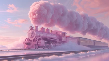 Fotobehang Vintage Pink Steam Train Journeying Across a Reflective Water Surface © Benixs