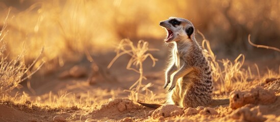 Curious meerkat standing alert in the wild desert habitat watching for predators while being vocal with its group