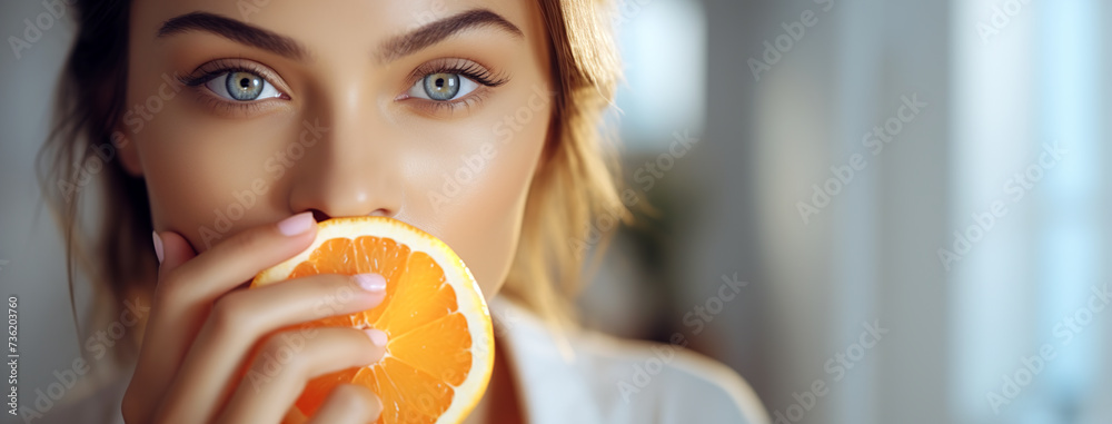 Wall mural Portrait of young woman with orange. Copy space.