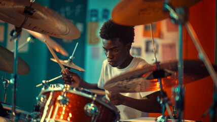 Teenager guy plays drums