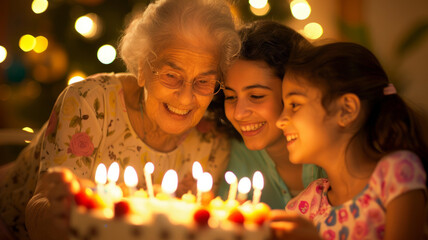 An elderly woman celebrates her anniversary with close people.