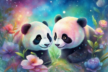 Two little pandas are sitting among the flowers