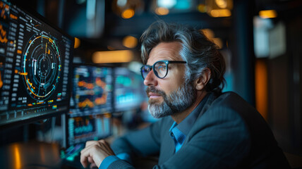 Obraz premium A focused man analyzes data while looking at the monitor.