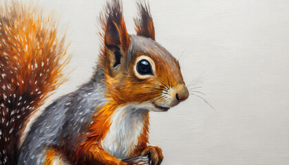 Oil painting of a squirrel head on pure white background canvas, copyspace on a side