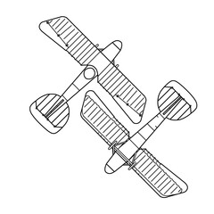 Template vector hand drawing of 1900's vintage aircraft line art, biplane silhouette with white detail lines, outline vector doodle illustration,top and bottom view isolated on white background © didiwidjanarko