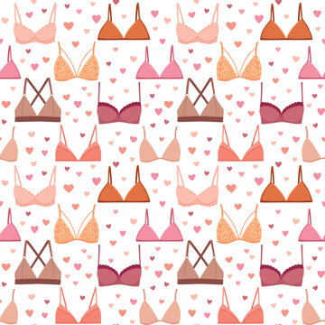Vector seamless pattern with various types of women's bra. Hand drawn background with lingerie in flat style