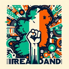Ireland national or independence day banner for country celebration. Flag & map of Ireland with raised fists. Modern retro design with abstract geometric icons. Vector illustration generative ai