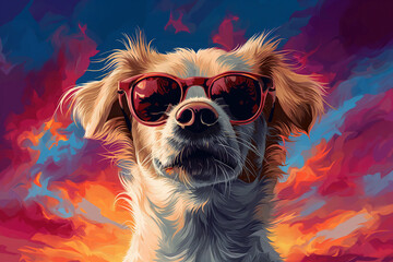 A dog wearing sunglasses poses for a photo It was a cute white spaniel with brown fur. Expressing funny and cute emotions Studio shots capture the essence of this house pet.