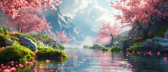 Landscape of Zen Garden Enchantress with Cherry Blossom, Unreal Engine 3D, landscape with trees and clouds