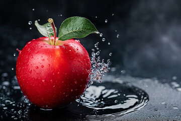 Red apple with water drops splashing in water on black background