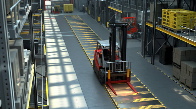 Forklift in warehouse, moving escalator in airport and city amidst factory, industry, transportation, business, and manufacturing scene