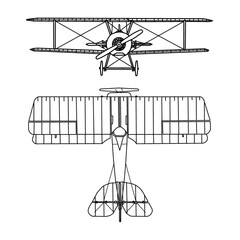 Vector drawing Illustration Hand drawn ink sketch of airplane line art, biplane planes, Air transportation, outline vector doodle illustration, front and top view isolated on white background © didiwidjanarko