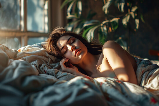 Image of young smiling pretty lady lies in bed indoors. Eyes closed. Young beautiful, woman waking up fully rested. attractive young woman in pajamas waking up in bed in the morning