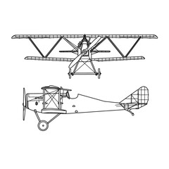 Template vector Hand drawn ink sketch of aircraft line art, biplane planes, Air transportation, outline vector doodle illustration, front and side view isolated on white background © didiwidjanarko