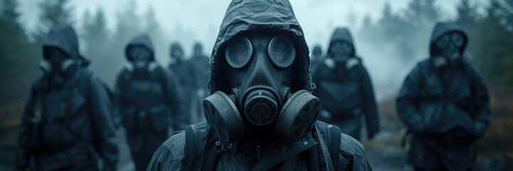 Horizontal banner with copyspace for text. Post-apocalypse. Group of people in rain in protective radiation clothing, chemical protection, gas mask, hood in forest. Concept of nuclear war, doomsday