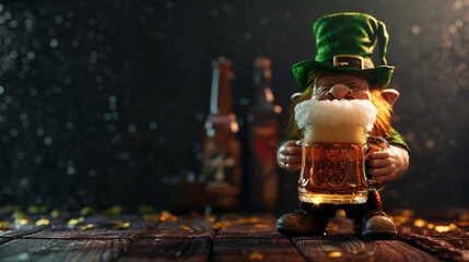 St.Patrick 's Day. Leprechaun with mug of beer on table in pub. Copy space. 
