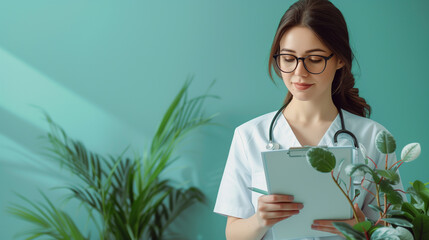 Woman in Healthcare. Portrait of an Female Doctor or Nurse in a White Uniform with Stethoscope and Clipboard Standing Next to Plants on Mint Background. Providing Medical Care Idea. - obrazy, fototapety, plakaty