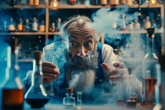 A crazy alchemist genius with chemical bottles and test tubes is experimenting in his laboratory creating new chemical ingredients