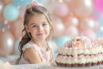 A smiling baby girl on her birthday is sitting happy in front of a cake with candles.