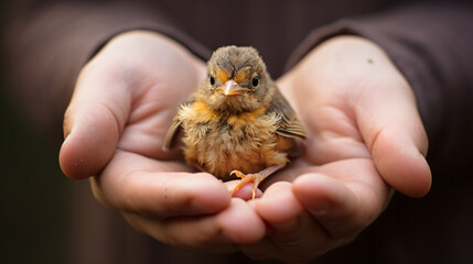 Photo of a little bird chick in human hands.