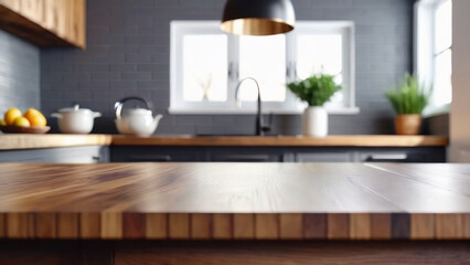 Fototapeta na wymiar Wooden table in blurred kitchen background.