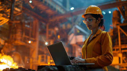 Indian female workers using laptops in factories and warehouses wearing hard hats while smiling