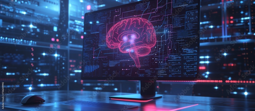 Poster advanced technology concept: computer displaying brain scan results
