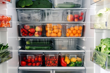 Glass boxes and cans with fresh food refrigerator storage concept decanting. Organized Refrigerator Loaded with Fresh Vegetables and Fruits