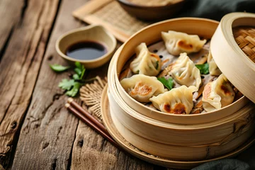 Foto op Plexiglas Chinese dumplings in bamboo steamer on wood background. Hot Chinese traditional gedza dumplings in bamboo steamer with soy sauce. © Stas