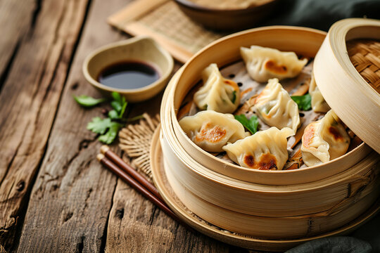 Chinese dumplings in bamboo steamer on wood background. Hot Chinese traditional gedza dumplings in bamboo steamer with soy sauce.