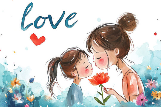 A cute little girl with long brown hair tied in a ponytail gives a flower to her mother. Text "LOVE". Pencil and watercolor drawing for mom or friend. Valentine's Day, Women's Day, Mother's Day