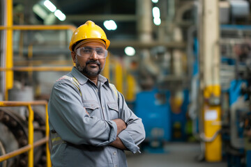 Indian Workers men in factories and warehouses wearing safety helmets while smiling