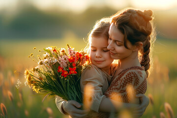 Mother and Child Tender Moments with Flowers, A serene moment as a mother gently embraces her young daughter among blooming flowers, depicting family love and affection.