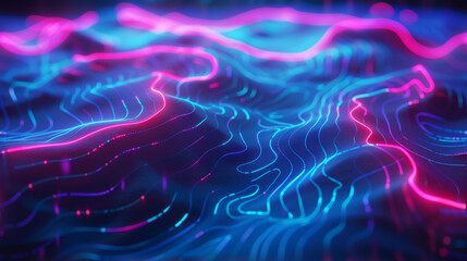 courbe de niveau d'un décor abstrait en relief avec des lignes lumineuses néon bleu et violet. Arrière plan motif futuriste