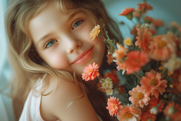 Young Girl with Striking Eyes Surrounded by flowers. A young girl with captivating blue eyes lies surrounded by a lush array of flowers, conveying innocence and natural beauty.