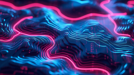 courbe de niveau d'un décor abstrait en relief avec des lignes lumineuses néon bleu et violet. Arrière plan motif futuriste