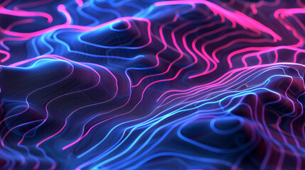 Obraz premium courbe de niveau d'un décor abstrait en relief avec des lignes lumineuses néon bleu et violet. Arrière plan motif futuriste