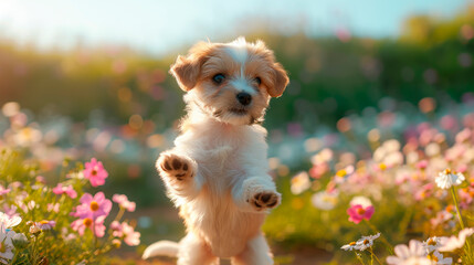 Cute puppy are running and playing on the summer meadow full of colorful flowers.