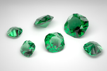 Scattering of emeralds of different sizes on a white background. Exhibition of precious stones. Cushion cut. 3d rendering.