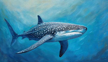 Oil painting of a Whale Shark on pure blue background canvas, copyspace on a side - obrazy, fototapety, plakaty
