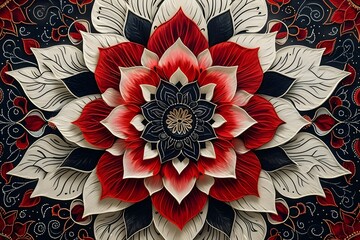 beautiful mandala art of lotus flower including red, white and black color. mandala design, lotus flower, lotus art and mandala art concept