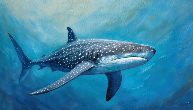 Oil painting of a Whale Shark on pure blue background canvas, copyspace on a side