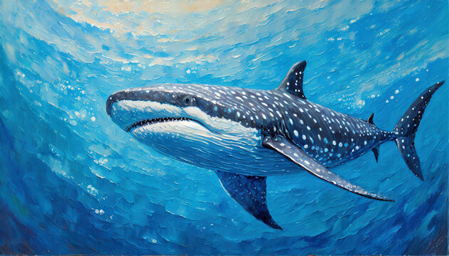 Oil painting of a Whale Shark on pure blue background canvas, copyspace on a side