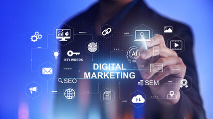 Digital marketing business technology. Website adertisement email social media network, SEO, SEM video and mobile application icons in virtual screen.