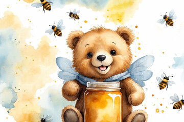 Stunning ink and watercolor illustrations. Adorable little very happy smiling teddy bear with a jar of honey. very minimalistic background with copy space - obrazy, fototapety, plakaty