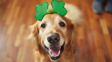 Dog wearing green St. Patrick's Day headband