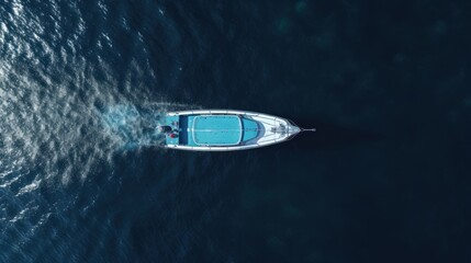 an aerial view of a motorboat on the water - obrazy, fototapety, plakaty