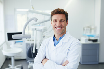 Smiling doctor in white coat. Professional healthcare worker in clinic setting.