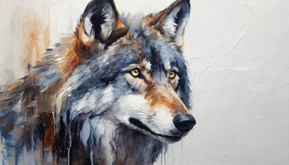 Oil painting of a wolf head on pure white background canvas, copyspace on a side